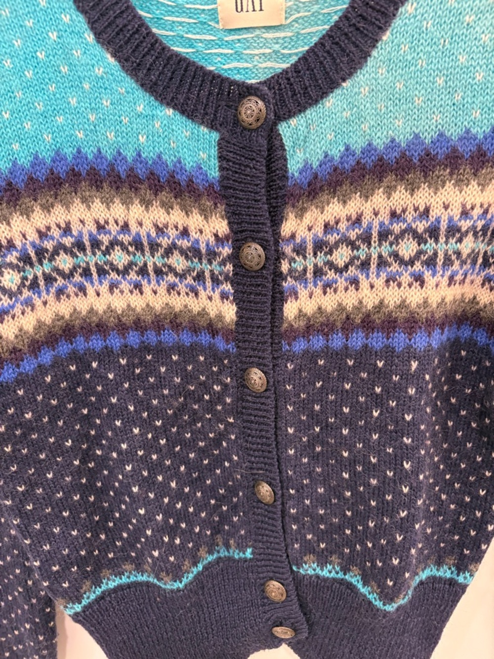 Vintage 90s Gap 100% Wool Blue Fair Isle Nordic Style Knit Cardigan Size Small - Picture 3 of 12